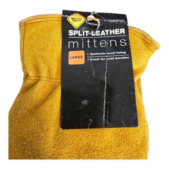 NEW Western Safety Split Cowhide Leather Mittens w/ Synthetic Wool Lining Size L - Picture 2 of 7